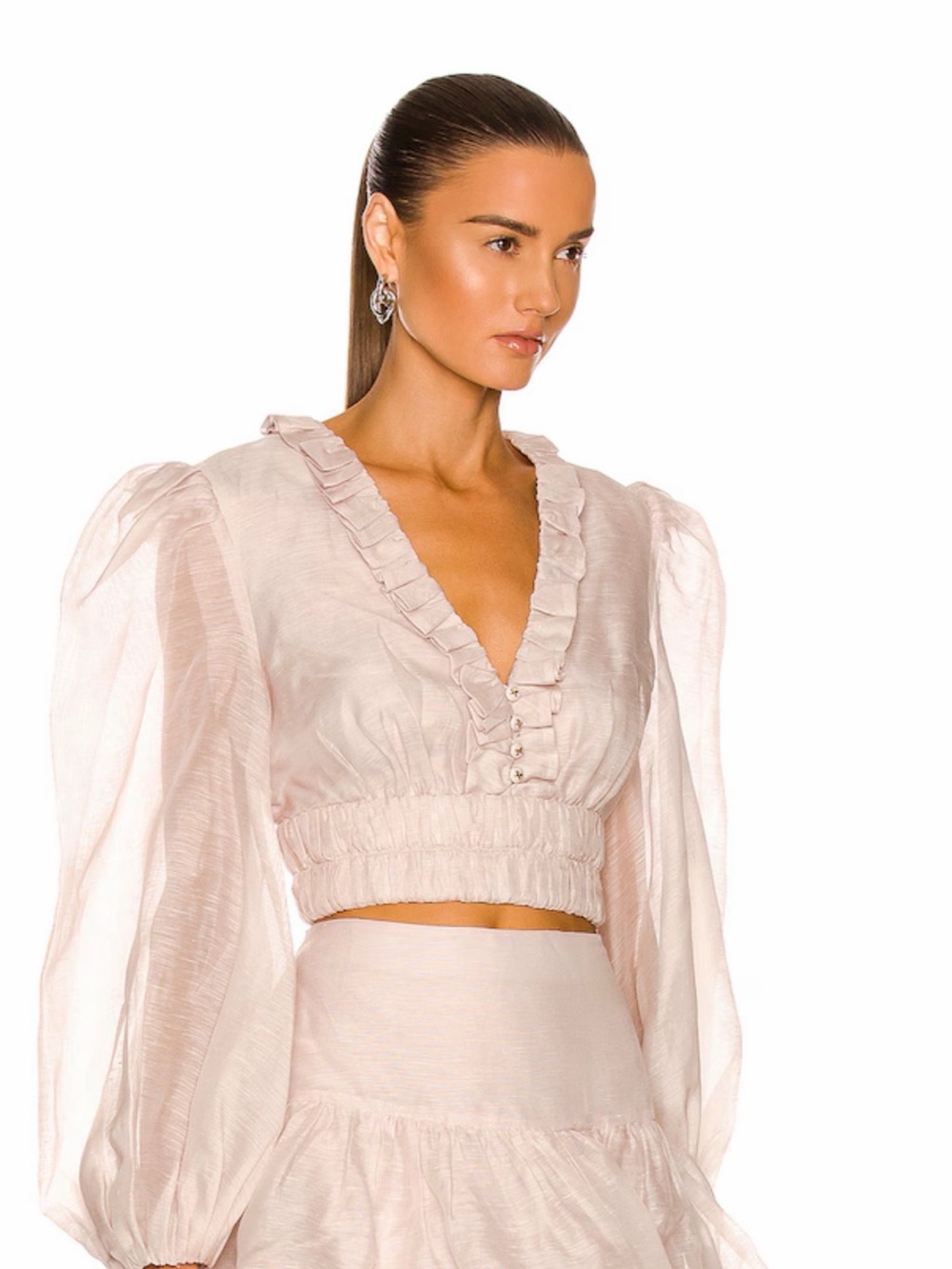 Zimmermann Pale Blush Ruffled V-Neck Puff Sleeve Crop Top - Small - Picture 2 of 8